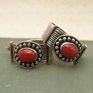 Coral Cabochon, Sterling Silver and 14k Gold Hoop Earrings